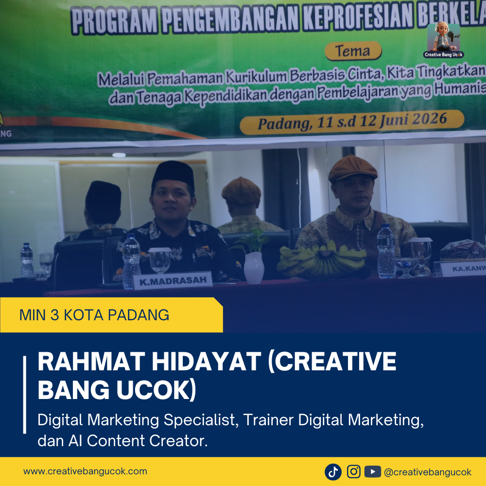 Dalam kegiatan ini, peserta mendapatkan materi dari Rahmat Hidayat (creative bang ucok), seorang Digital Marketing Specialist, SEO Specialist, Performance Marketing Specialist, Trainer Digital Marketing, dan AI Content Creator dari kota padang.